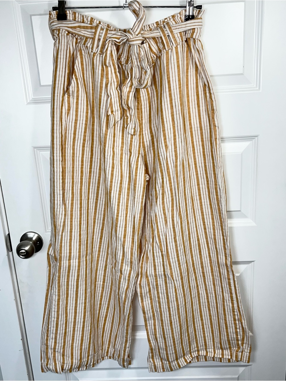 Linen Blend Wide Leg Pants Large Gold White Stripe Paperbag Tie Waist